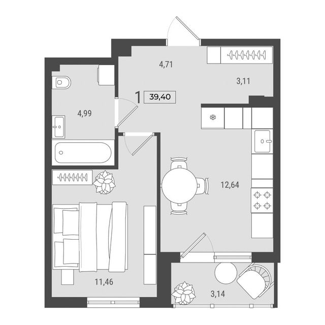 Планировка однокомнатной квартиры 39,40 м²
