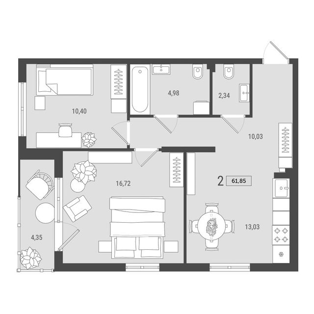 Планировка двухкомнатной квартиры 61,65 м²