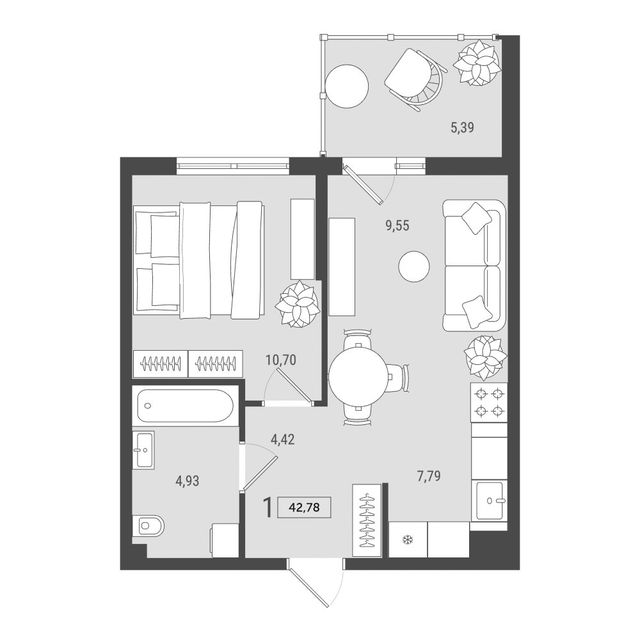 Планировка квартиры евро-2к 42,78 м²